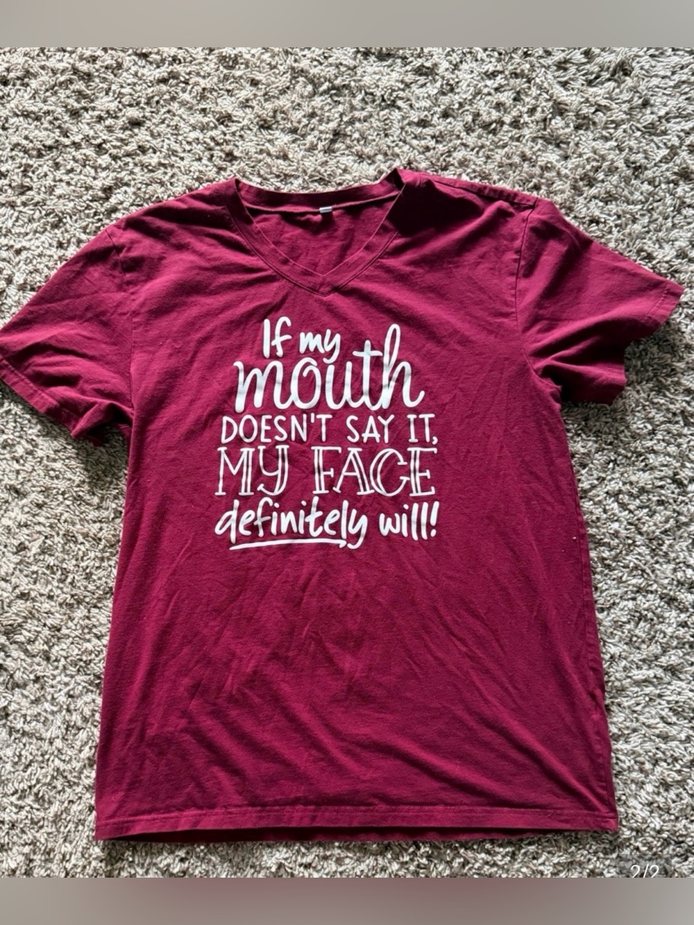 Gildan Burgundy V-Neck Tee with White Script Graphic - Picture 3 of 3
